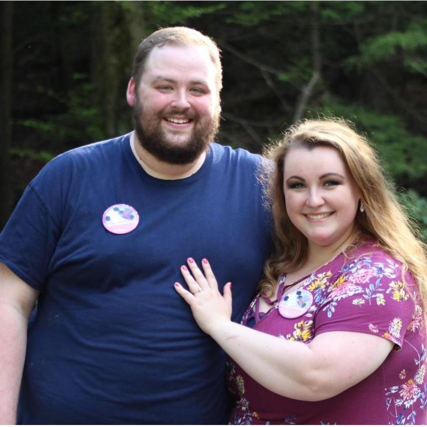 Wearing our "Just Engaged" buttons from Walt Disney World! (Thanks, Hannah!!)