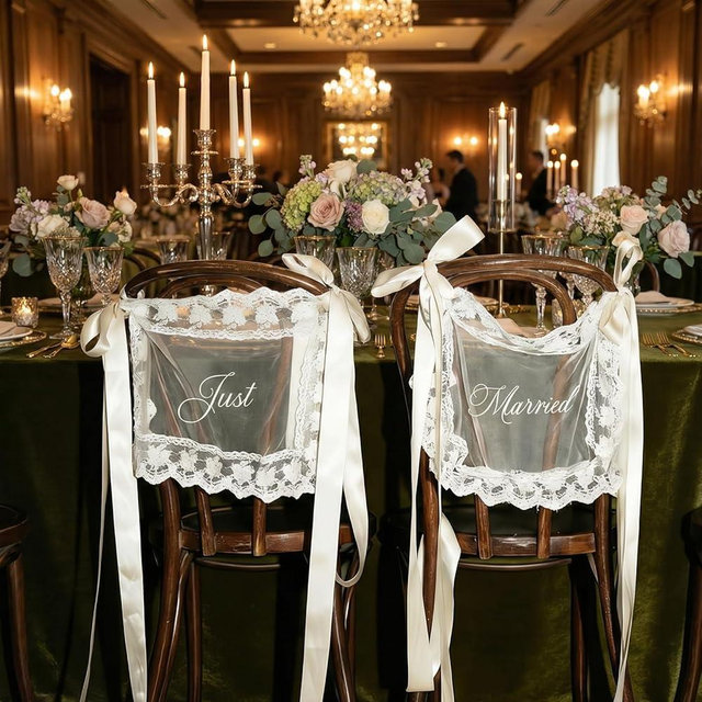 Just Married Chair Signs for Wedding Ceremony, Set of 2 Romantic Fabric Lace Wedding Chair Decorations with Ribbon, Bride and Groom Chair Banners for Reception Sweetheart Table Chairs Back Decor