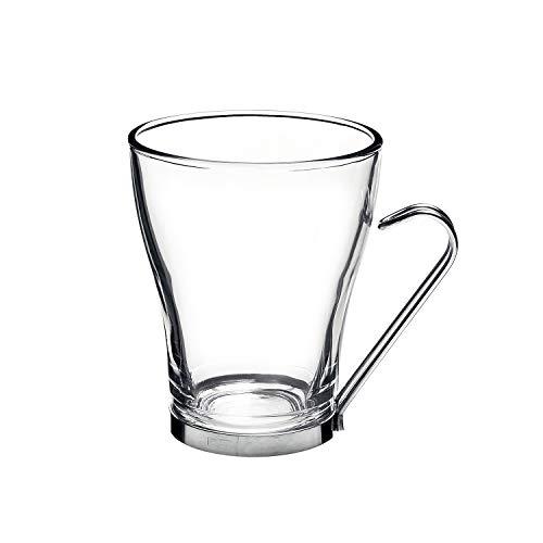 Bormioli Rocco Oslo Cappuccino Glass Cups 4 Set 7.5 Oz | Tempered Glass, Ergonomic Stainless Steel Handles, Dishwasher Safe | For Coffee Drinks, Beverages, Latte, Macchiato, Espresso, Mocha & More
