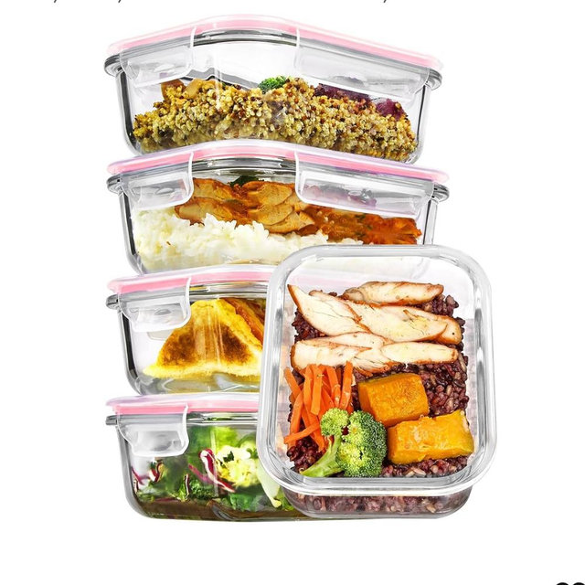 Vtopmart 5Pack 22oz Glass Storage Containers with Lids, Glass Meal Prep Food Container Sets with Snap Airtight Lids for Microwave, Oven, Freezer and Dishwasher, Pink
