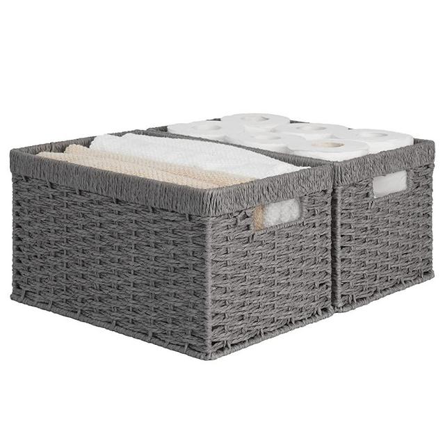 StorageWorks Round Paper Rope Storage Baskets, Rectangular Wicker Baskets with Built-in Handles, Gray, 2-Pack, 13 ¼ x 8 ½ x 7 ¼ inches