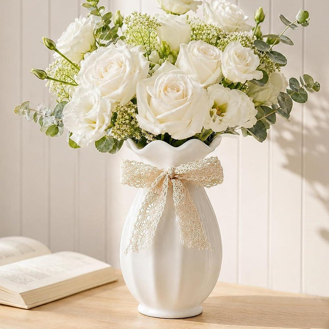 White Ceramic Vase with Ribbon, Flower Vase for Home Decor, Decorative Vases for Bouquet, Modern Farmhouse Centerpiece for Table, Living Room, Wedding Gift