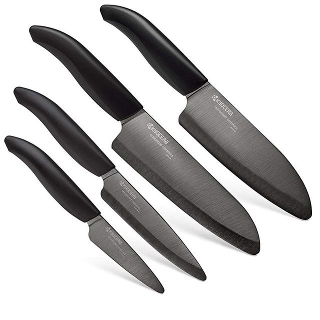 Kyocera Advanced Ceramic Revolution 4-Piece Knife Set: Includes 6-inch Chef's Santoku, 5.5-inch Santoku, 4.5-inch Utility and 3-inch Paring-Black Handle w/Black Blades