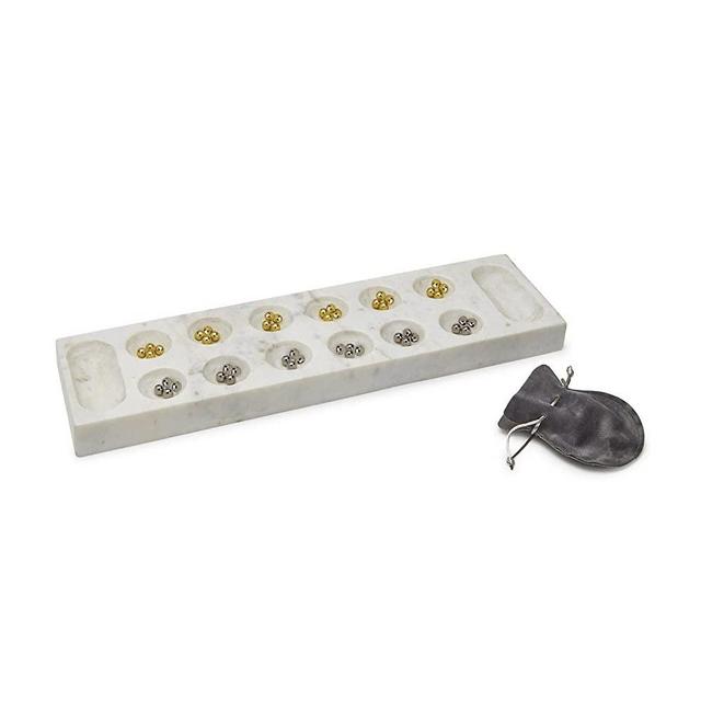 Two's Company Mancala Game w/ 48 Metal Game Pieces (Gold/Silver) in Storage Bag