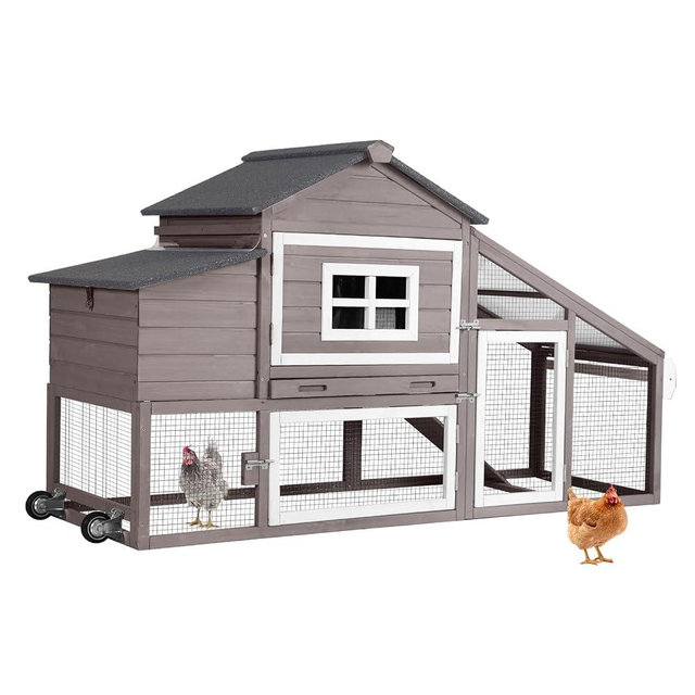 Wooden Chicken Coop, Large Chicken Tractor with Wheels, Weatherproof Hen House with Nest Box and Removable Tray, Mobile Poultry Hutch for 2-4 Chickens, Rabbits & Ducks (Brown)