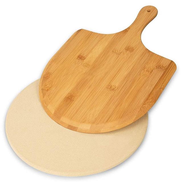 GEEBOBO Pizza Stone for Oven and Grill, Free Wooden Pizza Peel Paddle,Durable and Safe Pizza Stone for Grill,Thermal Shock Resistant Cordierite Cooking Stone,Baking Stone (12 inch)