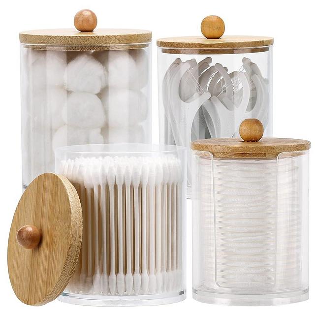 Tbestmax 4 Pcs Qtip Holder Dispenser for Cotton Ball, Cotton Swab, Floss - 10 oz, 12 oz Clear Apothecary Jars with Bamboo Lids, Restroom Bathroom Organizers and Storage Containers