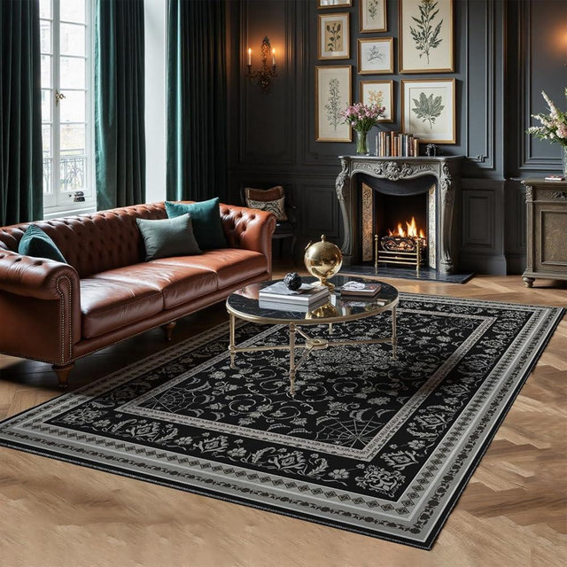 Gothic Spider & Fangs Area Rug 8x10 - Black Luxury Carpet with Intricate Web and Skull Designs, Soft Machine Washable Non-Slip Rug for Dark Academia, Vampire Themed Bedroom, Living Room.