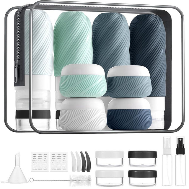 LitBear 23 Pack TSA Approved Travel Bottles for Toiletries, Leak Proof Refillable Travel Size Containers Kit with Silicone Squeezable Bottles Jars for Shampoo Lotion Conditioner, in Clear Bag, Gray