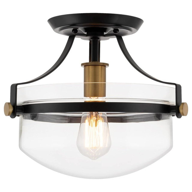 Kira Home Zurich 12" Rustic Farmhouse Semi-Flush Mount Ceiling Light + Glass Shade, Warm Brass Accents, Black Finish