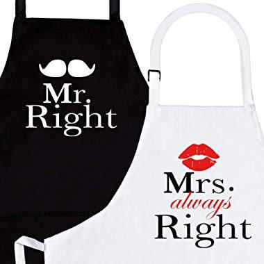 Mr. Right and Mrs. Always Right 2-Piece Kitchen Apron Set - Matching Engagement Wedding Anniversary Bridal Shower Gift For Bride