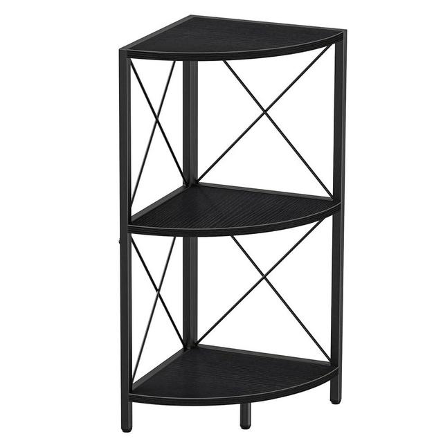 Snughome Corner Shelf with Metal Frame, 3 Tier Corner Storage Organizer, Freestanding Corner Bookshelf Stand Display Rack for Kitchen, Living Room, Black