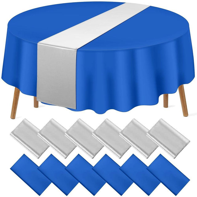 12Pack 12x108 Inch Satin Table Runner and 84 Inch Round Plastic Tablecloths Set Blue and Silver Disposable Round Table Cover for Graduation Wedding Bridal Shower Anniversary Birthday Party Decorations