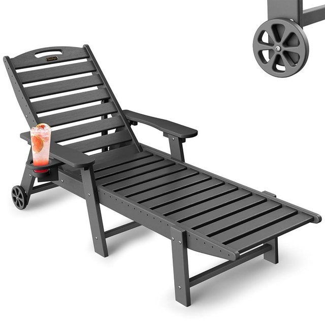 SUUNYN Lounge Chair Outdoor, Chaise Lounge Outdoor, HDPE 6-Position Lounge Chair for Outside, Patio Lounge Chair with Wheels & Cup Holder for Pool Poolside Deck Backyard, Darkgrey