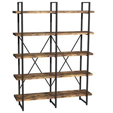 IRONCK Industrial Bookshelf and Bookcase Double Wide 5 Tier, Large Open Shelves, Wood and Metal Bookshelves for Home Office Furniture, Easy Assembly, Rustic Brown