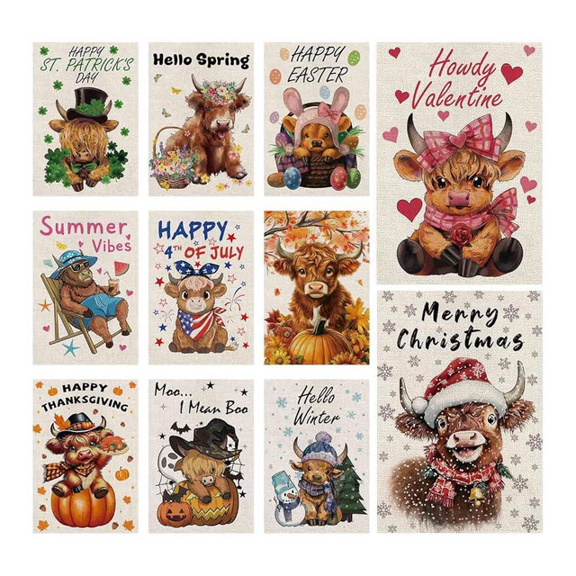 Seasonal Garden Flags - Funny Highland Cow Double Sided Flags Set of 11 Holiday Farmhouse Indoor Halloween Christams Gifts Outdoor Yard Lawn Decorations 12.5x18 Inch
