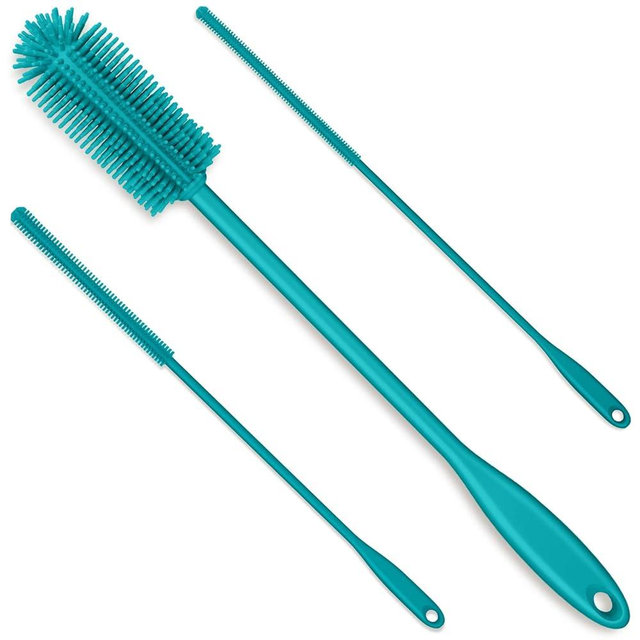 Purtribe 3-in-1 Silicone Bottle Brush and Straw Cleaning Brush Set, Water Bottle Cleaner Brush for Washing Narrow Neck Containers, Vacuum Sports Bottle, Tumblers, Flask, Vase and Glassware (Turquoise)