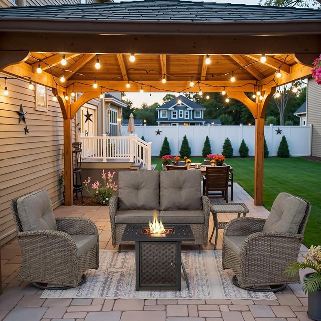 Belord 5 Pieces Patio Furniture Set with 30” Propane Fire Pit Table, Deep Seating Swivel Rocker Glider Outdoor Chairs Set of 4 with Side Table Set of 2 Patio Conversation Set Gray Wicker