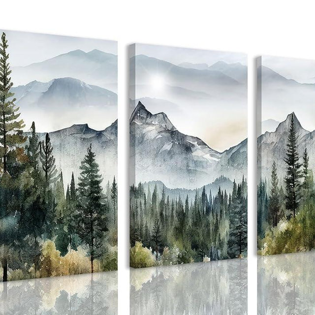 TBKHUDBI Forest Canvas Wall Art Abstract Mountain Landscape Painting Prints Set of 3 Foggy Nature Wilderness Themed Picture Poster Decor for Living Room Bedroom Bathroom 12"x16" Framed
