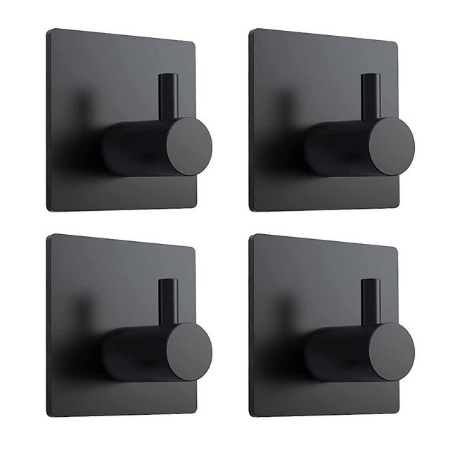 Adhesive Hooks, VIS'V Black Adhesive Bathroom Shower Wall Towel Hooks Heavy Duty Waterproof Stainless Steel Kitchen Self Adhesive Sticky Hooks for Towel Robe Loofah Washcloth Coat - 4 Pcs