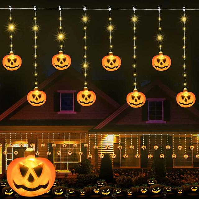Pumpkin Halloween Lights Outdoor Decor 140 LED Icicle String Lights with Pumpkin Ornaments, 8 Modes 9.8 Ft Curtain Lights LED Pumpkin String Lights for Yard Patio Window Thanksgiving Fall Decorations
