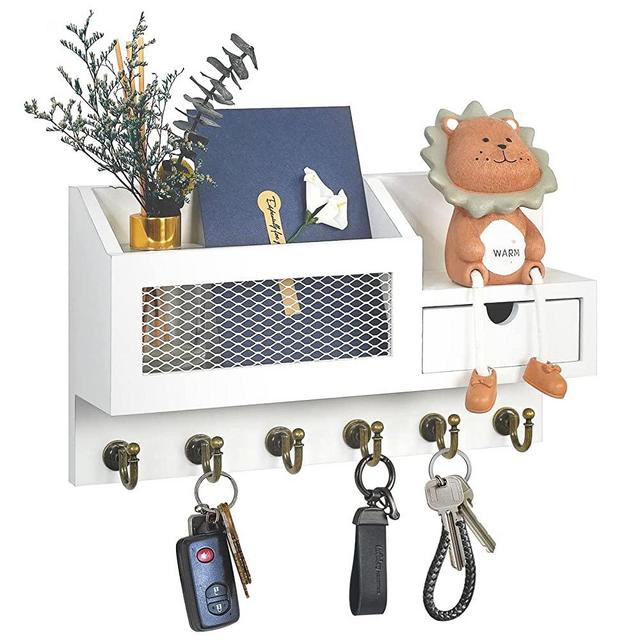 FifthQuarter Key and Mail Holder for Wall, Mail Organizer Wall Mount with 6 Hooks and Storage Drawer, Easy Installation Key Rack for Entryway and Home Decor (B-White)