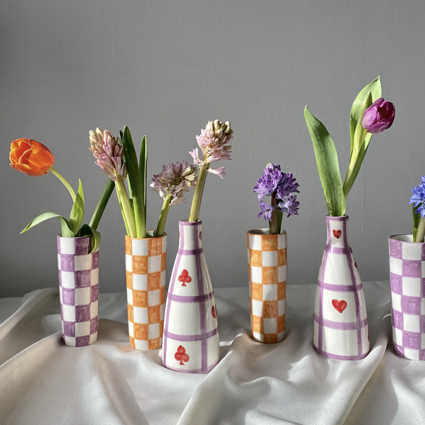 Checkmate Deco Vase & Bottle in Lilac & White Checkerboard