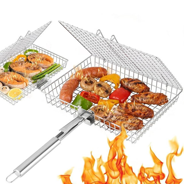Grill Basket Set for Outdoor Grilling - Large Capacity Fish Grill Basket & Grilling Rack - Food Grade Stainless Steel Portable Flat Basket with Removable Handle for Vegetables, Shrimp & Camping (M+S)