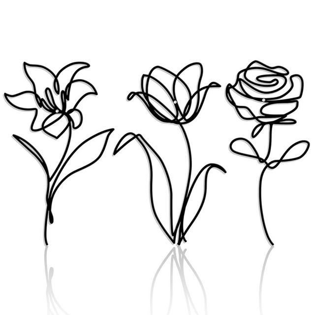 Oubasa Black Metal Flowers Wall Decor for Bathroom, Cute Floral Wall Sculptures Minimalist Wall Art for Kitchen Bedroom Living Room Restroom Decoration, 6x10 Inches, Set of 3