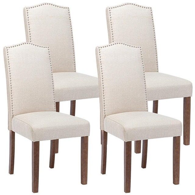 Snugway Stylish Upholstered Parsons Dining Chair with Nailhead Trim and Sturdy Solid Wood Legs, Set of 4, Cream