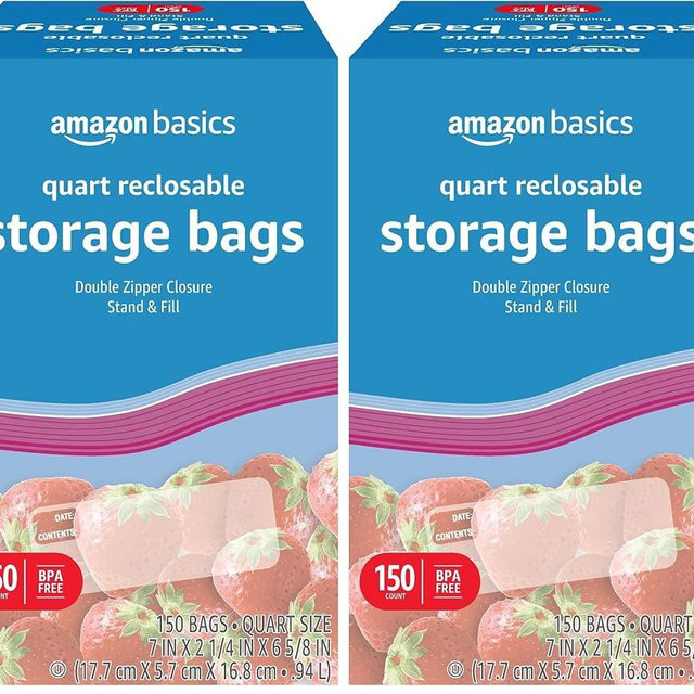 Amazon Basics Reclosable Quart Food Storage Bags with Double Zipper Seal, BPA Free, 150 Count (Pack of 2)