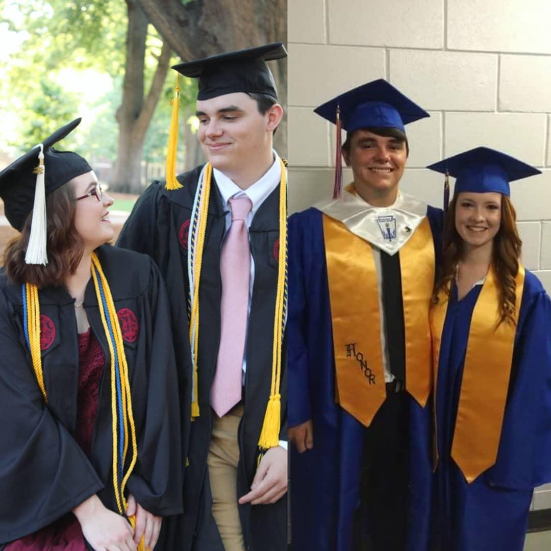 Tanner and Allison in their caps and gowns for both high school (right) and college (left) graduations.