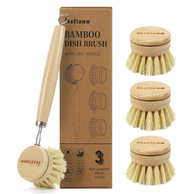 ÖkoStamm Bamboo Dish Brush with Long Handle - Natural Dish Scrubber Brush Set Includes 4 Replacement Brush Heads, Sisal Bristle Bamboo Brush for Dishes, Pans, Pot, Fruit and Veggie