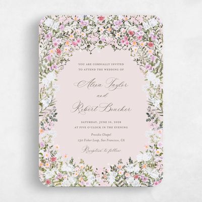 Pink Rounded Wedding Invitation - Garden Gate Portrait