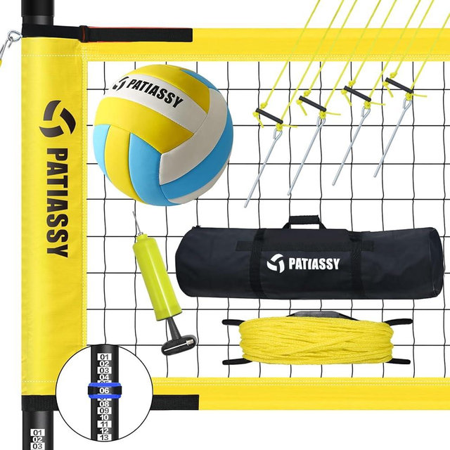 Patiassy Outdoor Portable Volleyball Net Set System for Backyard - Quick & Easy Setup Adjustable Height Steel Poles, PU Volleyball, Pump and Carrying Bag
