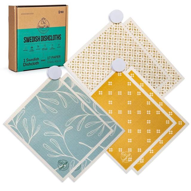 Harps&Seb Reusable Swedish Dishcloths, Super Absorbent Washable Swedish Dish Towels with Convenient Hanging Clips, No Odor, Biodegradable, Non-Scratch Reusable Paper Towels, 6-Pack
