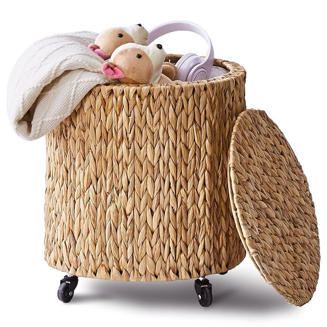 Wimarsbon Vintage Storage Basket, Multipurpose Rolling Hamper With Brakable Wheels and Lid, Braid Laundry Bin, Handwave Clothes Toy Organizer Tote for Living Room