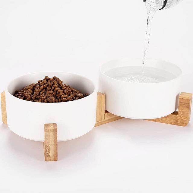 Dog Bowl, Raised Dog Food and Water Bowl, Ceramic Dog Bowl Set with Non-Slip Wood Stand for Medium Sized Dog and Cat, 28.74oz