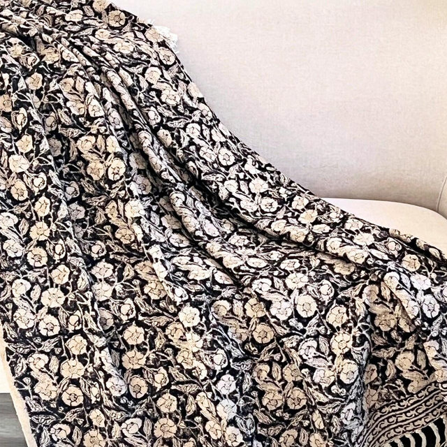 Black floral throw blanket sofa, couch, Spring blanket for Livingroom decor, Boho blanket bedroom decor, Unique Handmade gift for new home