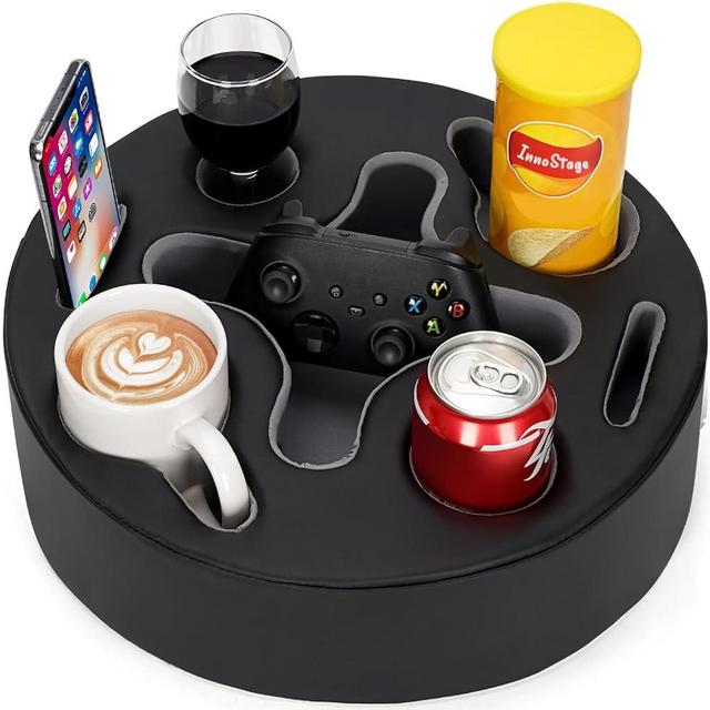 Couch Cup Holder Pillow-Sofa Cup Holder | Couch Caddy Drinks Cupholder Tray for Bed, Rv, Tv, Car, Man Cave, Backseat for Remote, Snacks (PU Black, 13.7 x 13.7 inch)