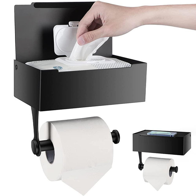 Large Toilet Paper Holder with Shelf and Storage- Keep Your Wipes Hidden Out of Sight -Stainless Steel Wall Mount（Large） - Black