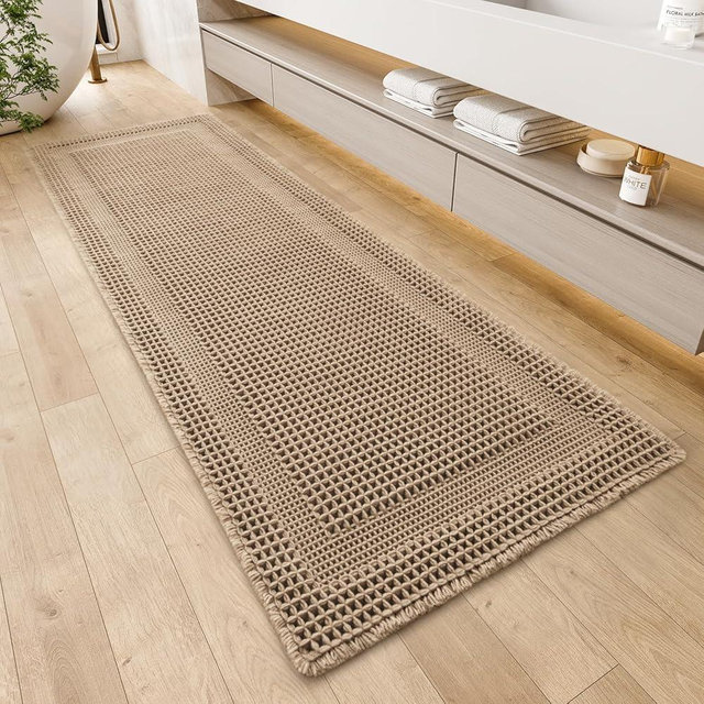 AMOAMI Waffle Bath-Mat, Absorbent Bath Mats for Bathroom Non Slip, Machine Washable Bathroom Rugs with Tassels Ultra Soft Boho Bath Rugs for Floor 2'x4'(24"x48") Beige