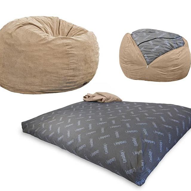CordaRoy's Corduroy Bean Bag Chair, Convertible Chair Folds from Bean Bag to Bed, As Seen on Shark Tank, Khaki - Full Size