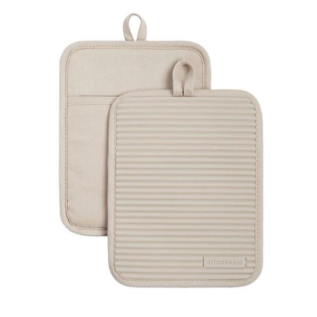 KITCHENAID Ribbed Soft Silicone Pot Holder 2-Pack Set, 7"x9", Milkshake Tan