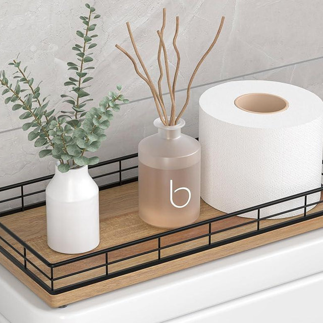 Toilet Paper Basket Organizer – Acacia Wood Toilet Tank Tray with Metal Frame, Back of Tank or Top Bathroom Counter Storage – Black & Acacia Modern Decor
