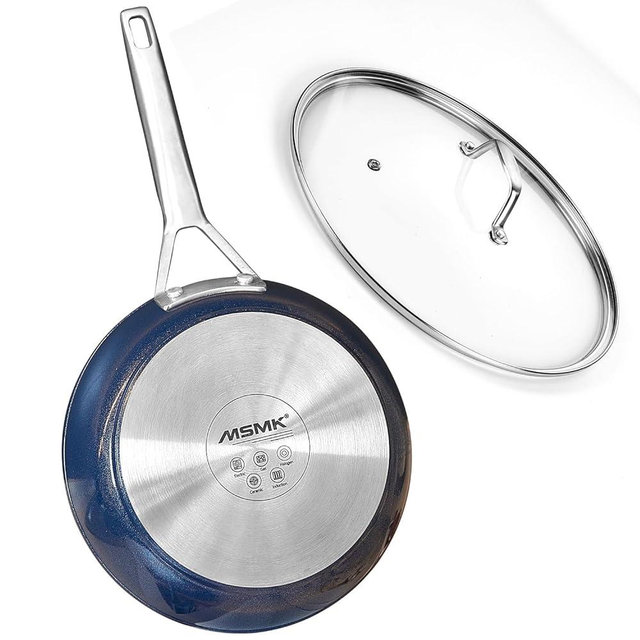 MsMk Frying pans nonstick with lid Blue, 10-inch Durable skillet, Titanium and Diamond Non Stick Non-Toxic Coating From USA, Even Heating, Easy Clean-Up, Comfortable Handle, Induction Compatibility