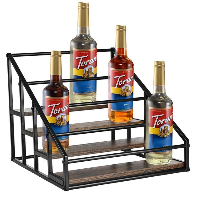 Coffee Syrup Organizer Rack, Liquor Bottle Display Shelf, Spice Racks, 4-Tier 16 Syrup Bottles Holder Stand for Coffee Bar Kitchen Small Wine Rack for Bar Family Storage for Syrup Wine Dressing
