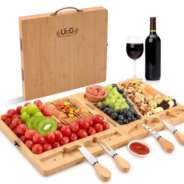 Cheese Board Charcuterie Gift Folding - Bamboo Sturdy Easy to Storage Magnetic Mount Serving Platter with Knife Travel Picnic Cheese Tray Set Christmas Housewarming Wedding Birthday Party Gift UTCG U1