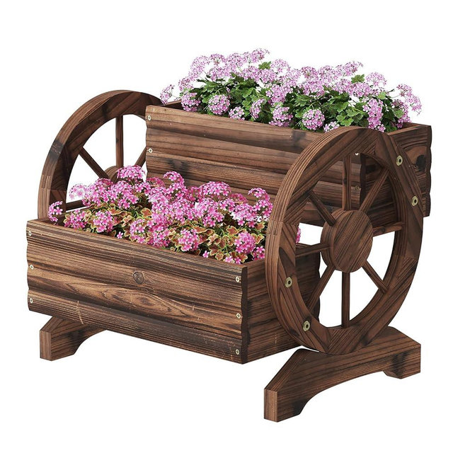 Wooden Flower Cart with Wheels Wooden Wagon Planter Outdoor Garden Planter, Decor Planter for Patio Balcony Decoration Succulent Flower Pot Flower Cart for Indoor Backyard Balcon Décor
