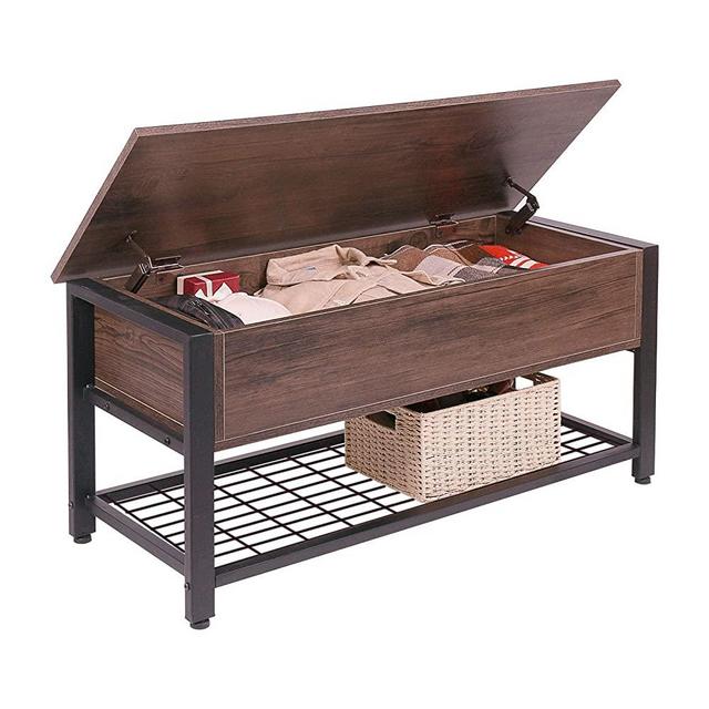 Industrial Storage Bench, Entryway Lift Top Shoe Storage Bench in Dining Room, Hallway, Living Room Metal Frame,Dark Brown